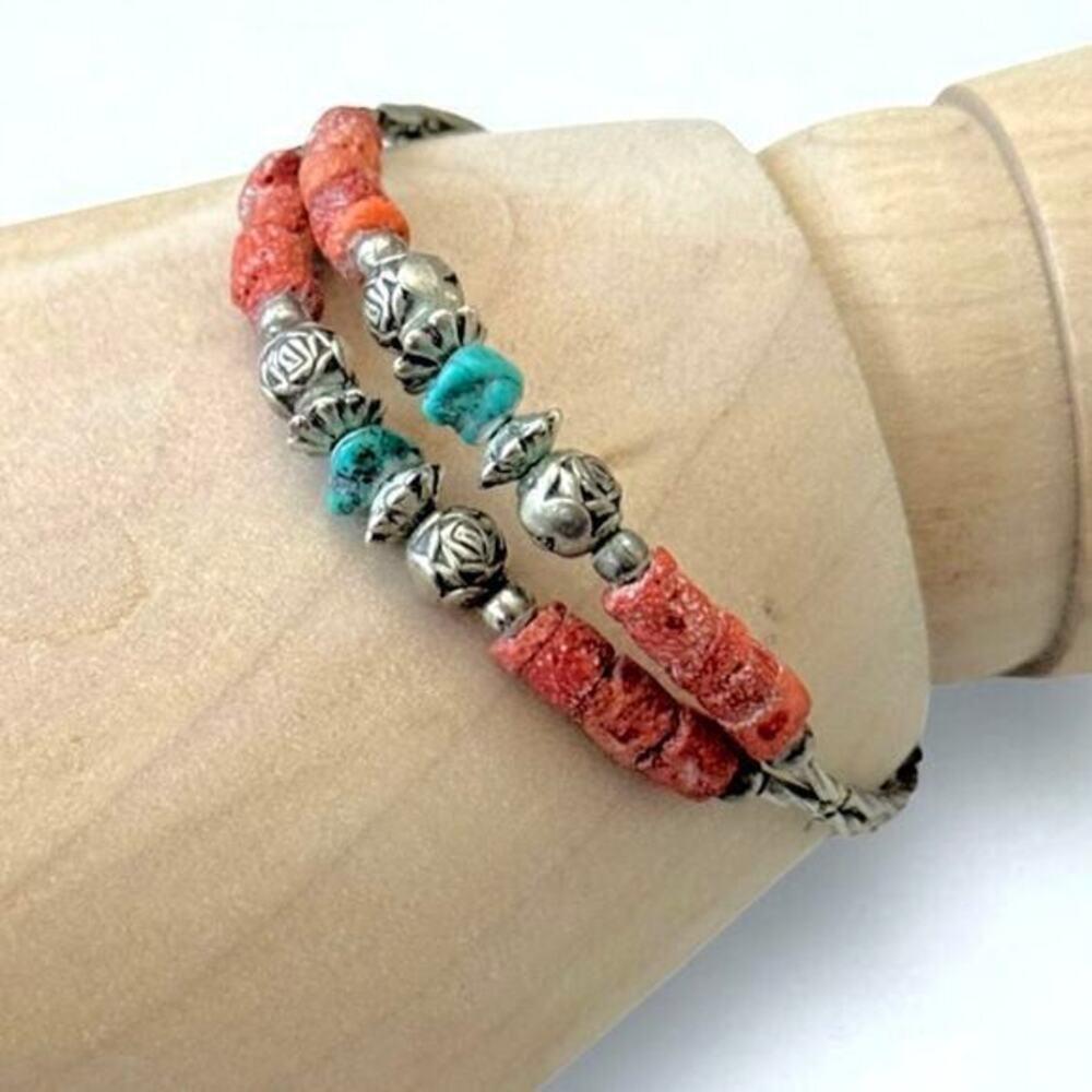 Native American Double Strand Sterling Silver Bracelet Coral Turquoise 6.75”